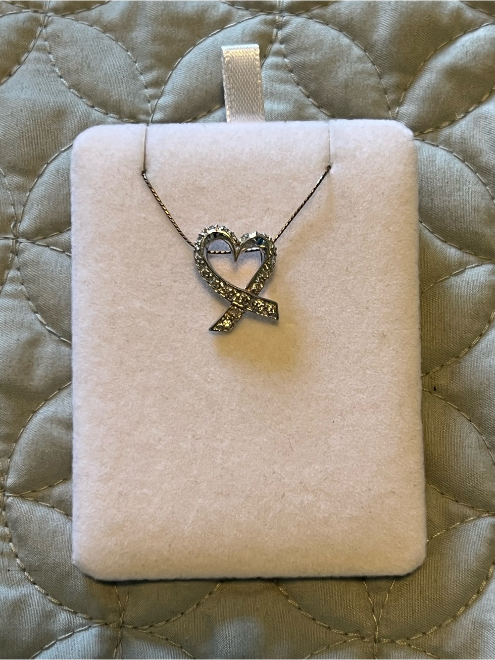 Silver Heart Ribbon Pendant Necklace - Diamond Accent 16” Chain